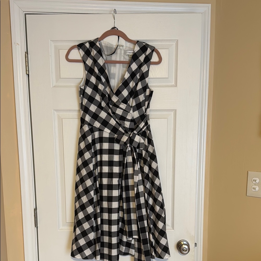 Calvin Klein Black White Gingham Check Wrap Dress